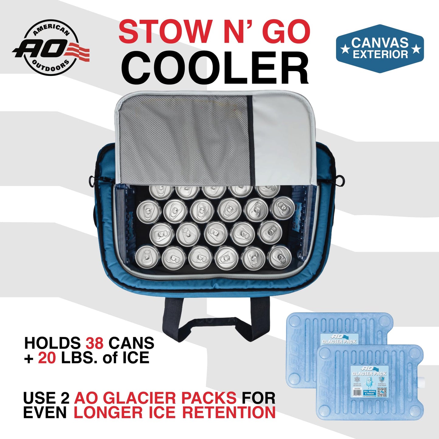 AO Coolers Stow-N-Go Canvas Soft-Sided Cooler, Low Profile and Leak Proof, Insulated for 24-Hour Cold, Ocean Blue, 38-Can
