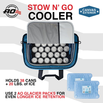 AO Coolers Stow-N-Go Canvas Soft-Sided Cooler, Low Profile and Leak Proof, Insulated for 24-Hour Cold, Ocean Blue, 38-Can