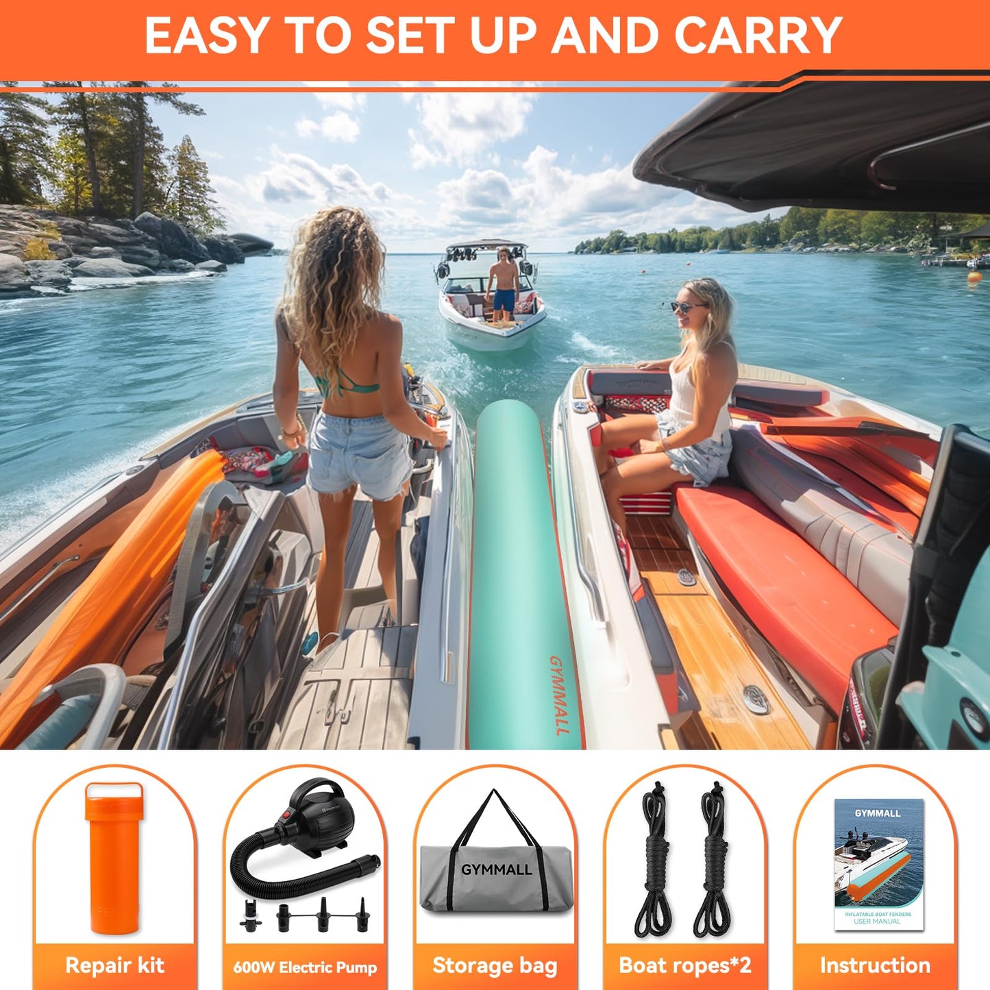 GYMMALL Inflatable Boat Bumpers for Docking Boat Fenders with 600W Electric Pump, 10FT Heavy Duty PVC Dock Bumpers Fenders 1 Pack for Fishing Boats, Jet Skis, Yachts, Floating Dock - Orange Green