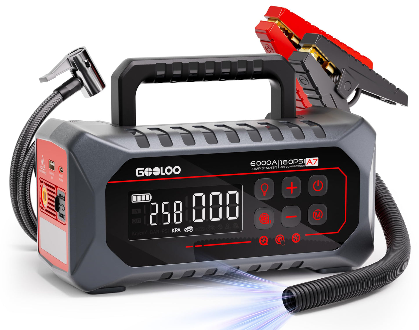 GOOLOO A7 Jump Starter with Air Compressor, 6000A &160PSI 12V Car Battery Jumper Starter Portable Booster Pack, Supersafe Jump Box (All Gas & 10L Disel) with Tire Inflator & Air Pump(Inflate& Deflate)