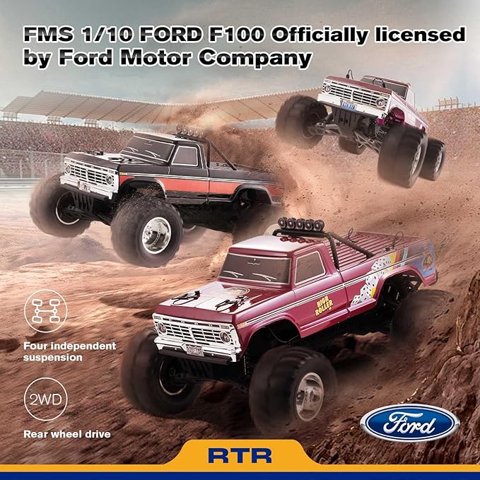 FMS 1/10 RC Truck Ford F-1002WD Monster Truck with Licensed Body 550 Brushed Motor Oil Shocks Independent Suspension – All-Terrain RC Crawler High Speed Off-Road RC Car for Gift(Red First Blood)
