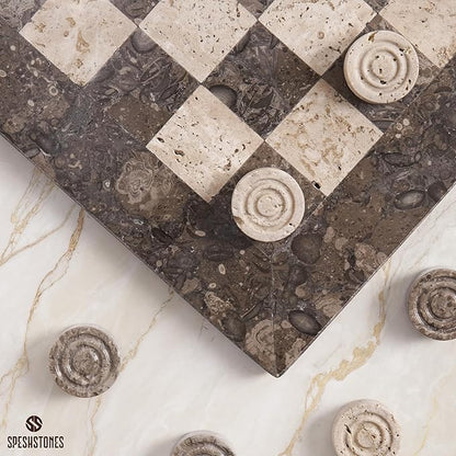 Marble Checkers Set 15 Inches Handmade Oceanic &amp Travertine Checkers Board Game with Checker Pieces - Board Games for Adults Game Table Accessories Gifts &amp Home Décor