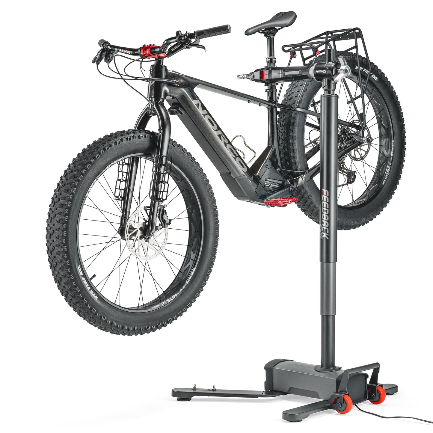 Feedback Sports | Pro E Lift Bike Repair Stand | Electric Height Adjustment, 100 lb Capacity, Speed Ratchet Clamp, Ideal for E-Bikes and Home Workshops