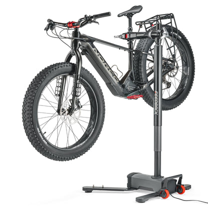 Feedback Sports | Pro E Lift Bike Repair Stand | Electric Height Adjustment, 100 lb Capacity, Speed Ratchet Clamp, Ideal for E-Bikes and Home Workshops