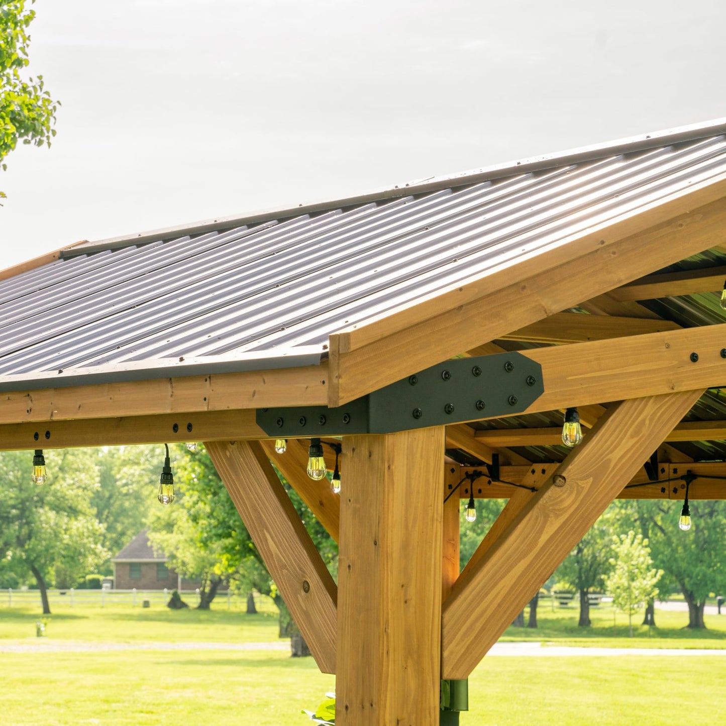 Backyard Discovery Norwood 10' x 10' Cedar Wood Outdoor Gazebo Pavilion with Hardtop Galvanized Steel Peak Roof, Snow Support, Wind Resistance, PowerPort, Shade for Garden, Patio, Deck, Entertaining