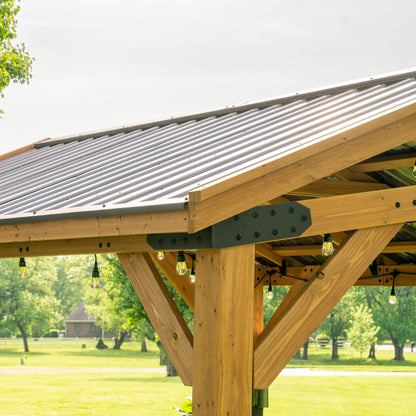 Backyard Discovery Norwood 10' x 10' Cedar Wood Outdoor Gazebo Pavilion with Hardtop Galvanized Steel Peak Roof, Snow Support, Wind Resistance, PowerPort, Shade for Garden, Patio, Deck, Entertaining