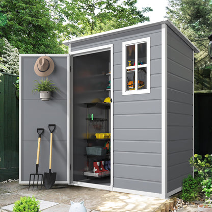 DWVO 5x3ft Resin Outdoor Storage Shed with Floor, Waterproof Lockable Storage Shed with Window, Plastic Outside Tool Storage for Garden, Backyard, Patio, Lawn,Gray