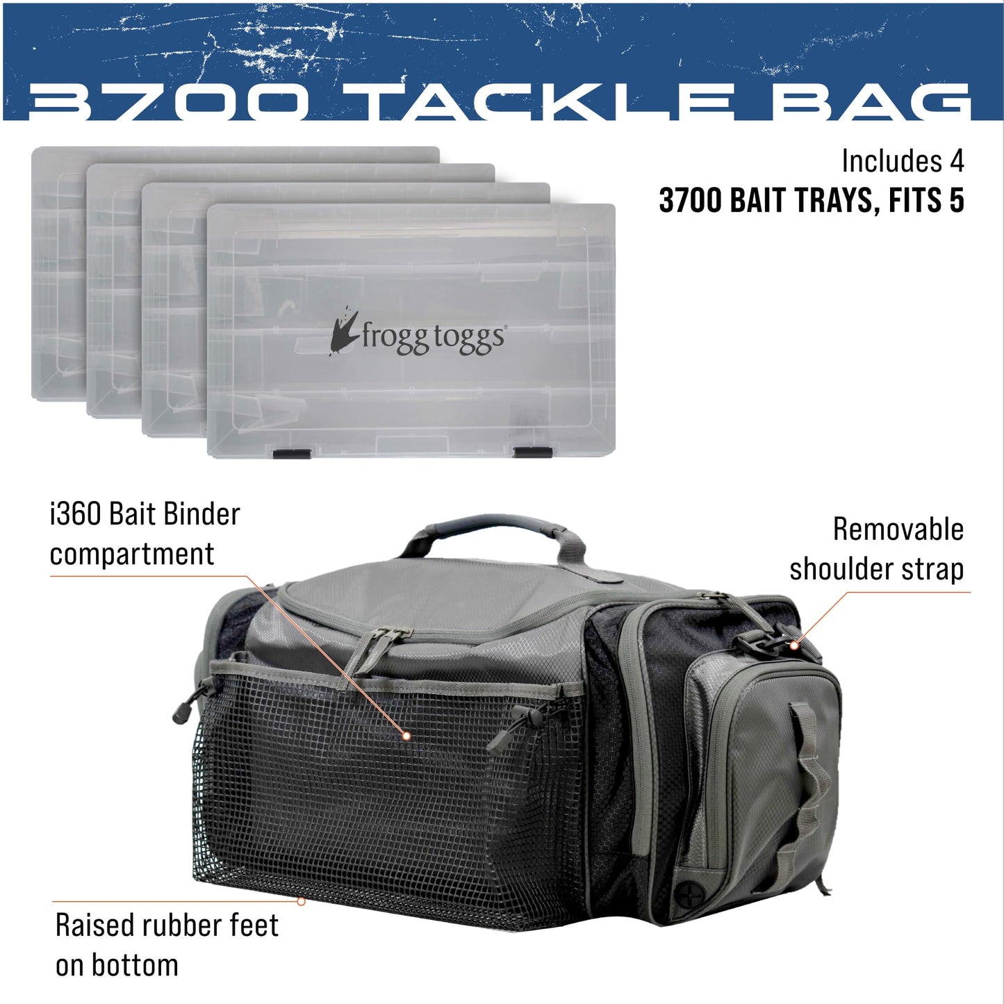 FROGG TOGGS Heavy Duty Fishing Tackle Duffle Bag, Includes Bait Trays, Black, 3700