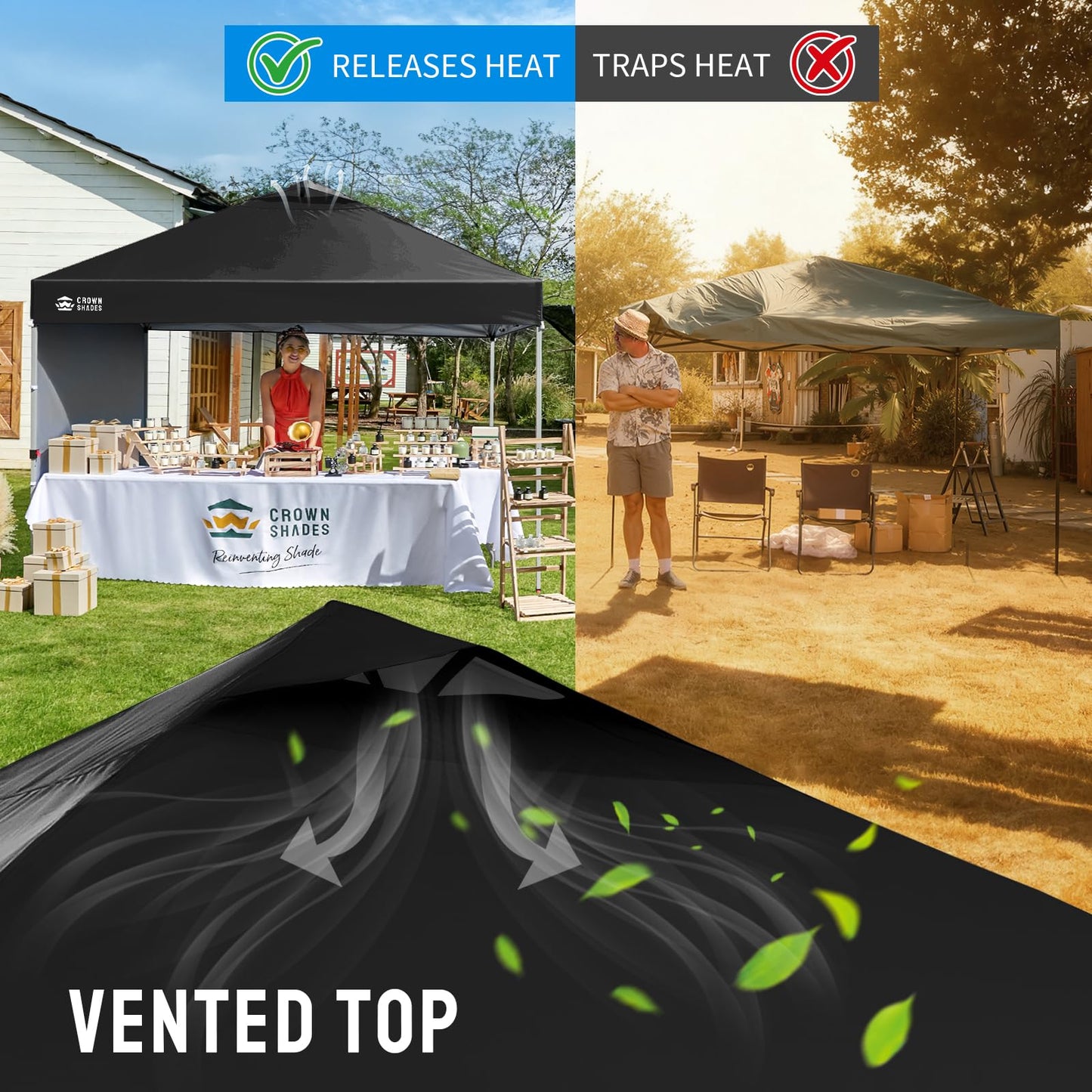 CROWN SHADES Pop Up Canopy with 1 Side Wall - Beach Tent with One Push Setup - Outdoor Sun Shade for Events, Parties, Camping - Gazebo with STO-N-Go Cover Bag, Black, 12x12FT