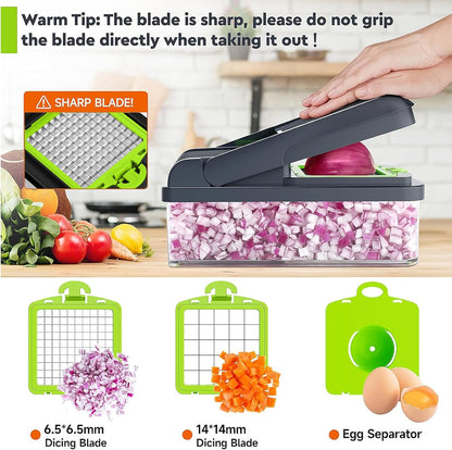 MealHelper 12-in-1 Vegetable Chopper - Versatile 7 Blade Food Chopper with Container | Green/Grey Kitchen Essential