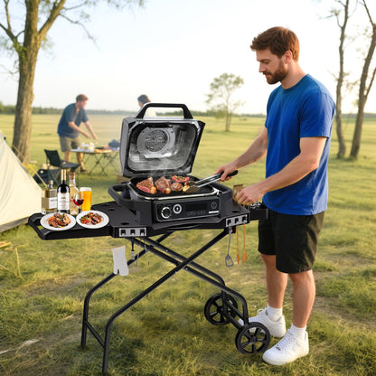 GRISUN Foldable Grill Table Stand for Ninja Woodfire Outdoor Grill（OG700/701/751), Portable Camping Table for Blackstone 22", Portable BBQ Stand with 2 Wheels, Side Table & Storage Basket