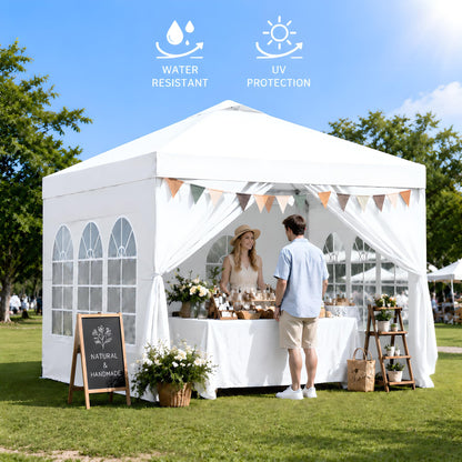 10x10 Pop Up Canopy with Sidewalls- Portable Sun Shade Beach Tent, Gazebo Heavy Duty with Cover Wheeled Bag, Ideal for Parties, Backyard, Camping (White)