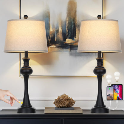 CINSARY Modern 3-Way Dimmable Table Lamp Set of 2, Black Metal with Beige Fabric Shade, USB A+C Ports, Model TD-CS-556