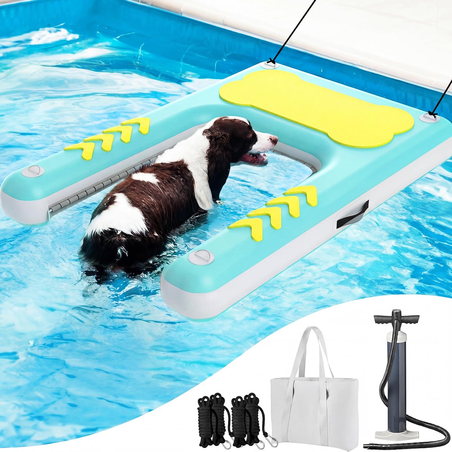 lesotc Inflatable Dog Pool Ramp - 60'' x 40'' Float Dock Platform for Dogs Up to 240 lbs, Non-Slip Floating Platform with Water Ramp for Boat, Pool, Dock, Lake