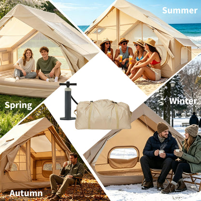Inflatable Camping Tent for 2-6 Person, Quick Setup Blow Up Tent with Hand Pump, Waterproof 4 Season Air Glamping Tent with Skylight, Mesh Windows & Stove Jack, for Camping, Beach, Outdoor