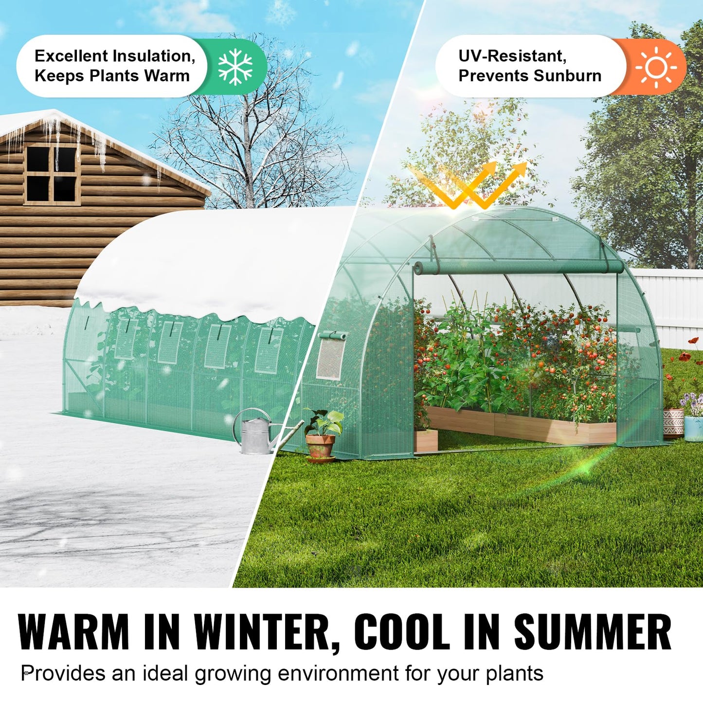 VEVOR Walk-in Tunnel Greenhouse, 19.4x9.7x6.5 ft Hoop House Greenhouse Tunnel, Plant Hot House with Galvanized Steel Frame, Green PE Cover, Roll-up Zipper Door and 12 Windows for Outdoor