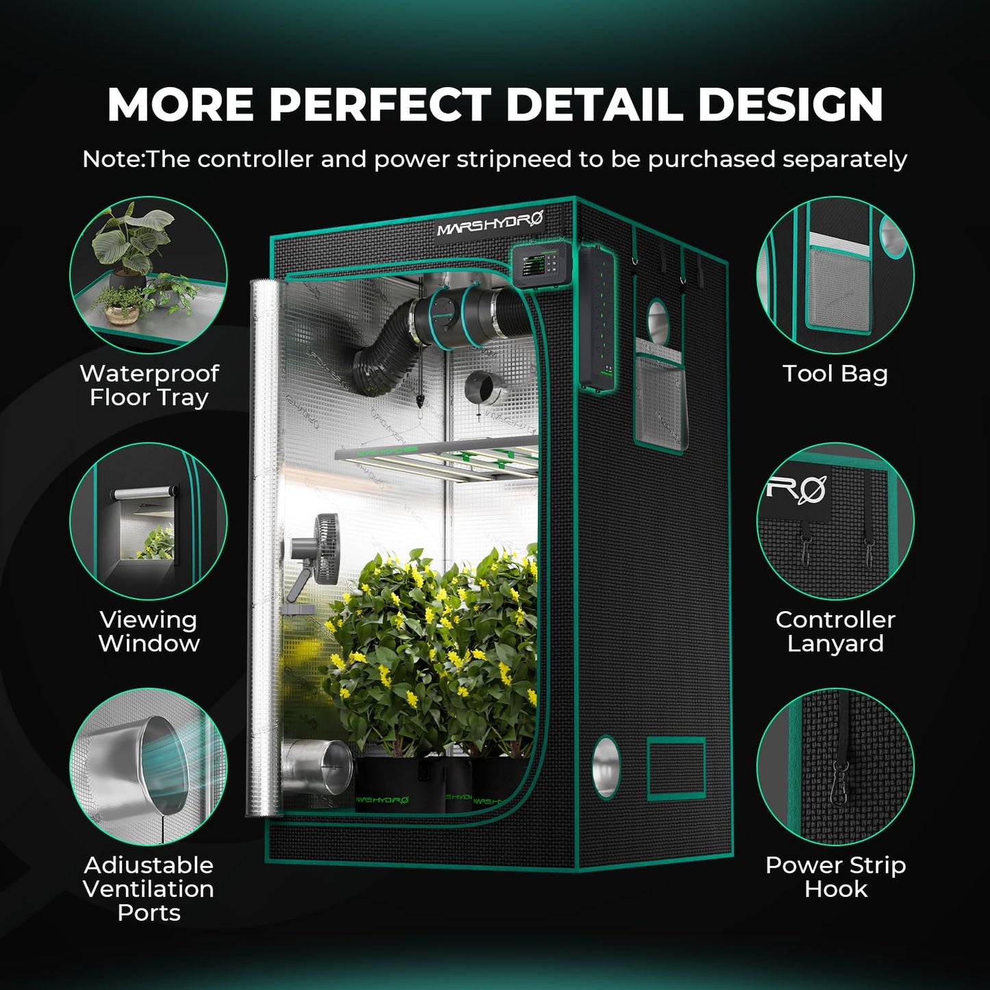 MARS HYDRO 3.3x3.3 Advanced Grow Tent, 39"x39"x71" High Reflective Mylar 1680D for Hydroponics Indoor Plant Growing, with Observation Window,Floor Tray and Smooth Zipper for TS1000/FC3000/FC-E3000