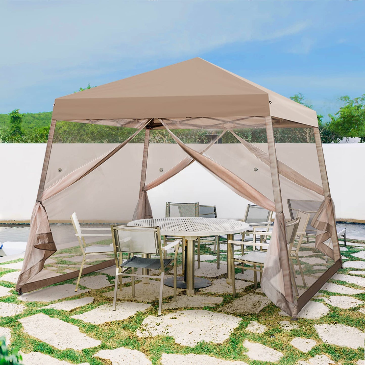 INTER HUT 10x10 Pop Up Canopy Tent, Slant Leg Instant Screened Gazebo with Mesh Walls, UV Protection, Water Resistant, Beige