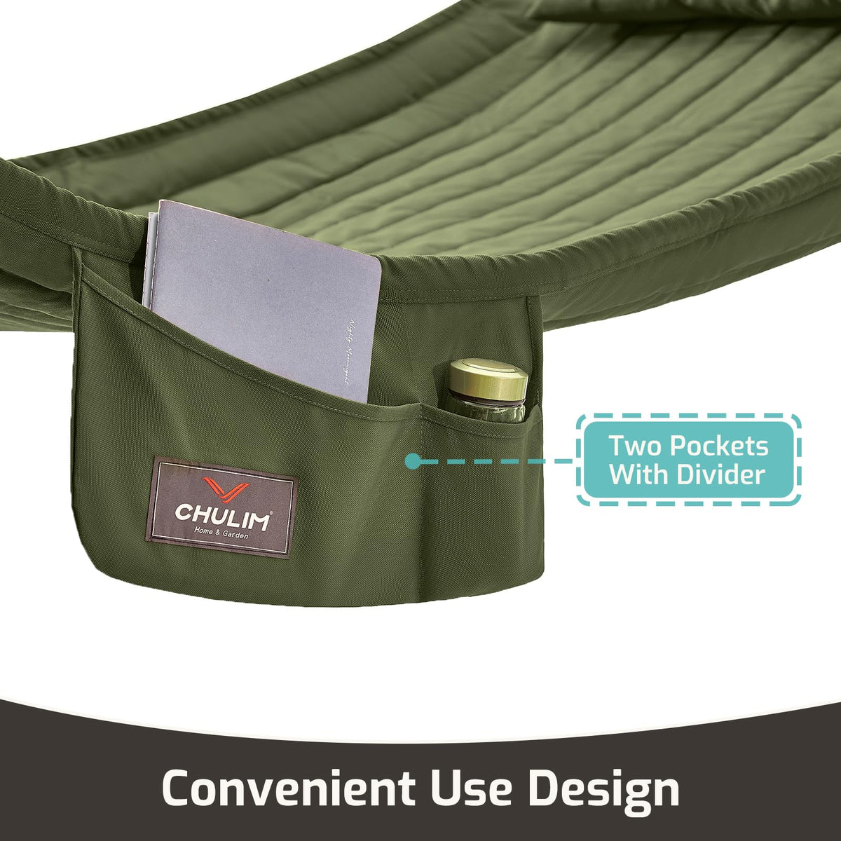 CHULIM Double Quilted Fabric Hammock with Hardwood Spreader Bars and Pillow 450 LBS Capacity 2 Person Large Hammock for Outdoor Patio Backyard Poolside - Green
