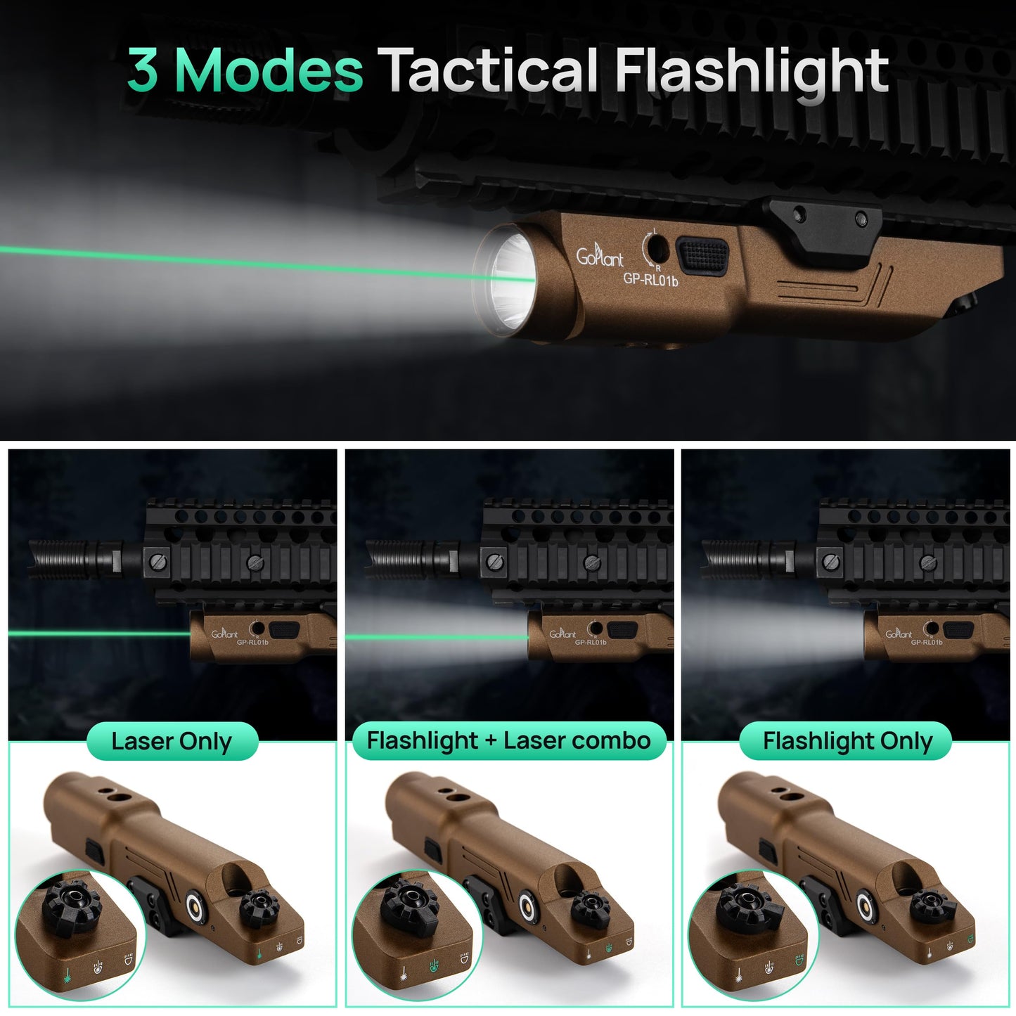 GOPLANT 2500 Lumen Aluminum Alloy Rifle Laser Light Combo, 2.5 Hours Long Runtime AR15 Weapon Light and Green Laser, Picatinny Rail MLOK Mounted LED Tactical Flashlight (Desert Tan)