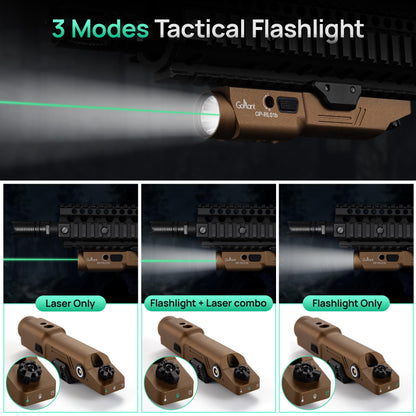GOPLANT 2500 Lumen Aluminum Alloy Rifle Laser Light Combo, 2.5 Hours Long Runtime AR15 Weapon Light and Green Laser, Picatinny Rail MLOK Mounted LED Tactical Flashlight (Desert Tan)