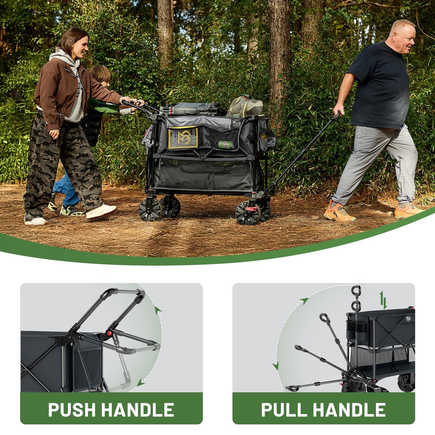TIMBER RIDGE Push & Pull Double Decker Wagon, 400L Large Capacity Heavy Duty & 450lb Load, Collapsible Cart with All-Terrain Wheels & Brakes, 54” Extended Foldable for Sports, Beach, Camping, Grey