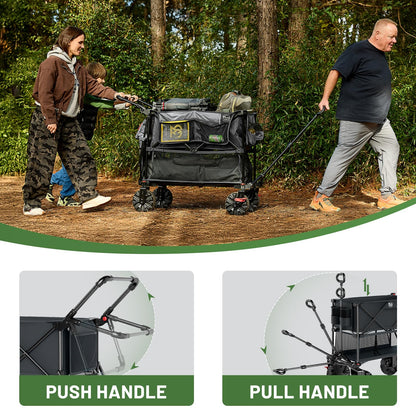 TIMBER RIDGE Push & Pull Double Decker Wagon, 400L Large Capacity Heavy Duty & 450lb Load, Collapsible Cart with All-Terrain Wheels & Brakes, 54” Extended Foldable for Sports, Beach, Camping, Grey