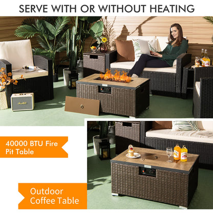 Tangkula 2 Piece Outdoor Propane Fire Pit Table Set with Hideaway Propane Tank Holder, 40,000 BTU Rattan Wicker Fire Pit Table with Lava Rocks, Waterproof Cover, Ideal for Backyard, Patio (Brown)