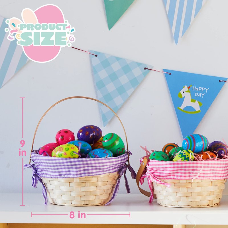 JOYIN 4 Pcs Easter Bamboo Baskets Gift Woven Baskets with Handles and 4 Colors Grass Paper Shreds, Candy Wicker Candy Toys Storage Bucket for Easter Egg Hunt, Kids Party Supplies(9" X 8")