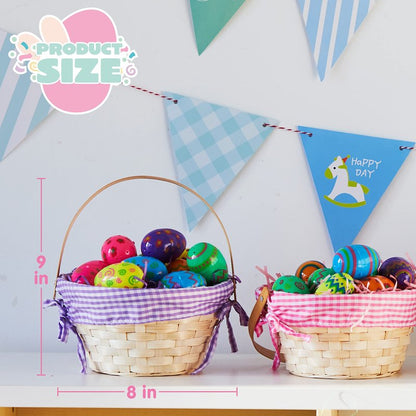 JOYIN 4 Pcs Easter Bamboo Baskets Gift Woven Baskets with Handles and 4 Colors Grass Paper Shreds, Candy Wicker Candy Toys Storage Bucket for Easter Egg Hunt, Kids Party Supplies(9" X 8")