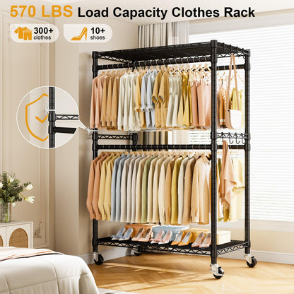 ULIFHOME P4 Plus Rolling Clothes Rack Heavy Duty, Clothing Racks for Hanging Clothes, Free Standing Garment Racks with Wheels, Portable Closet Rack 45''W × 20.5''D × 80.5''H, Max Load 570 Lbs, Black