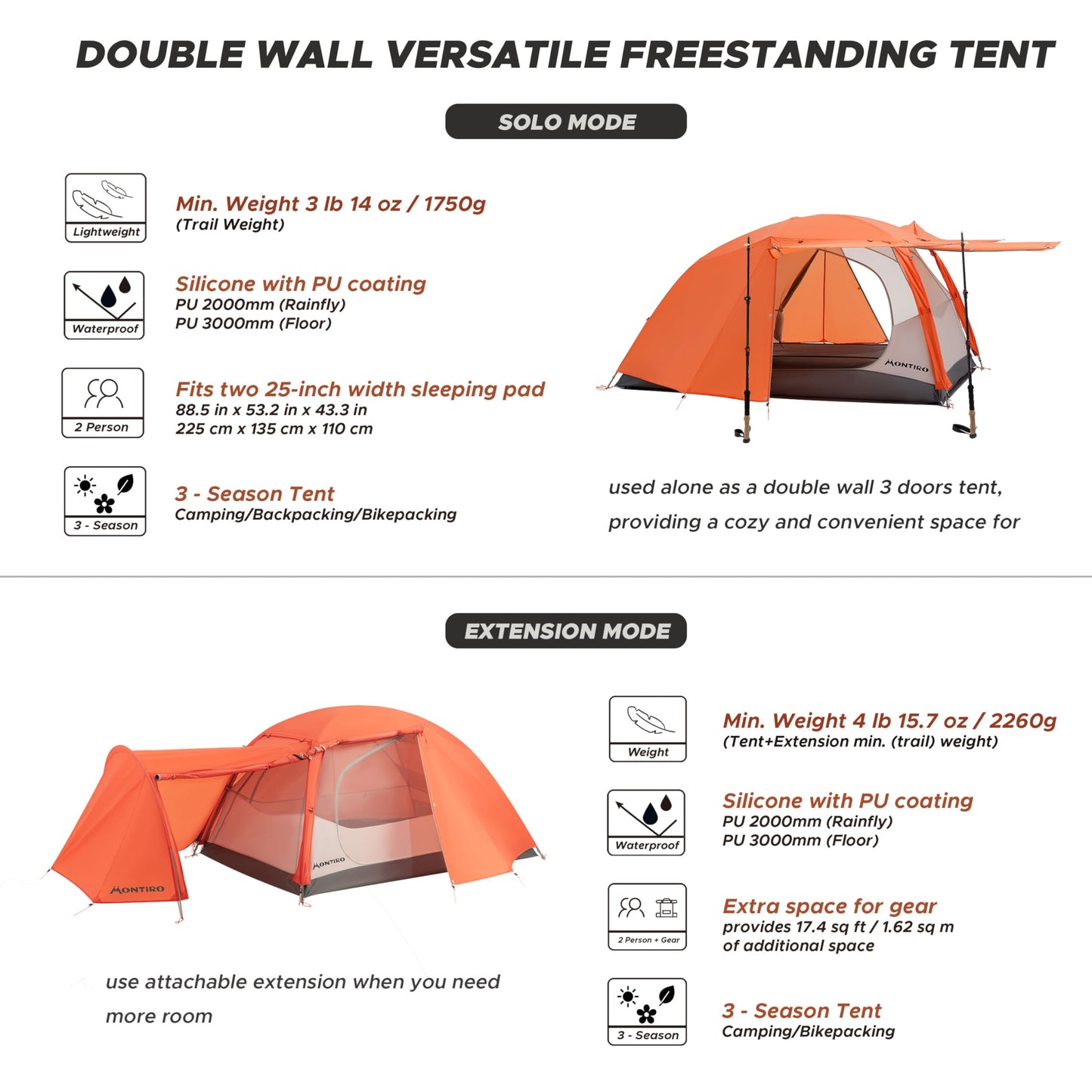 Montiro Triphyr Backpacking Tent with F-Nexus Extension 2-Person Combo, Attachable Shelter, Lightweight 2 Person Tent with Footprint & Vestibule for Backpacking Camping Hiking & Biking (Orange)