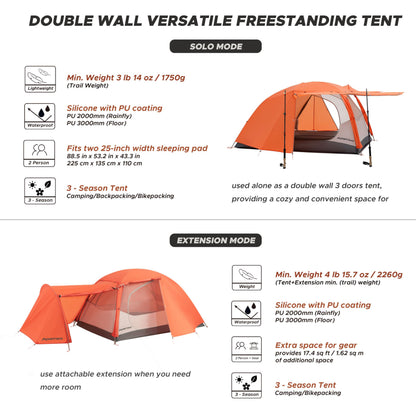 Montiro Triphyr Backpacking Tent with F-Nexus Extension 2-Person Combo, Attachable Shelter, Lightweight 2 Person Tent with Footprint & Vestibule for Backpacking Camping Hiking & Biking (Orange)