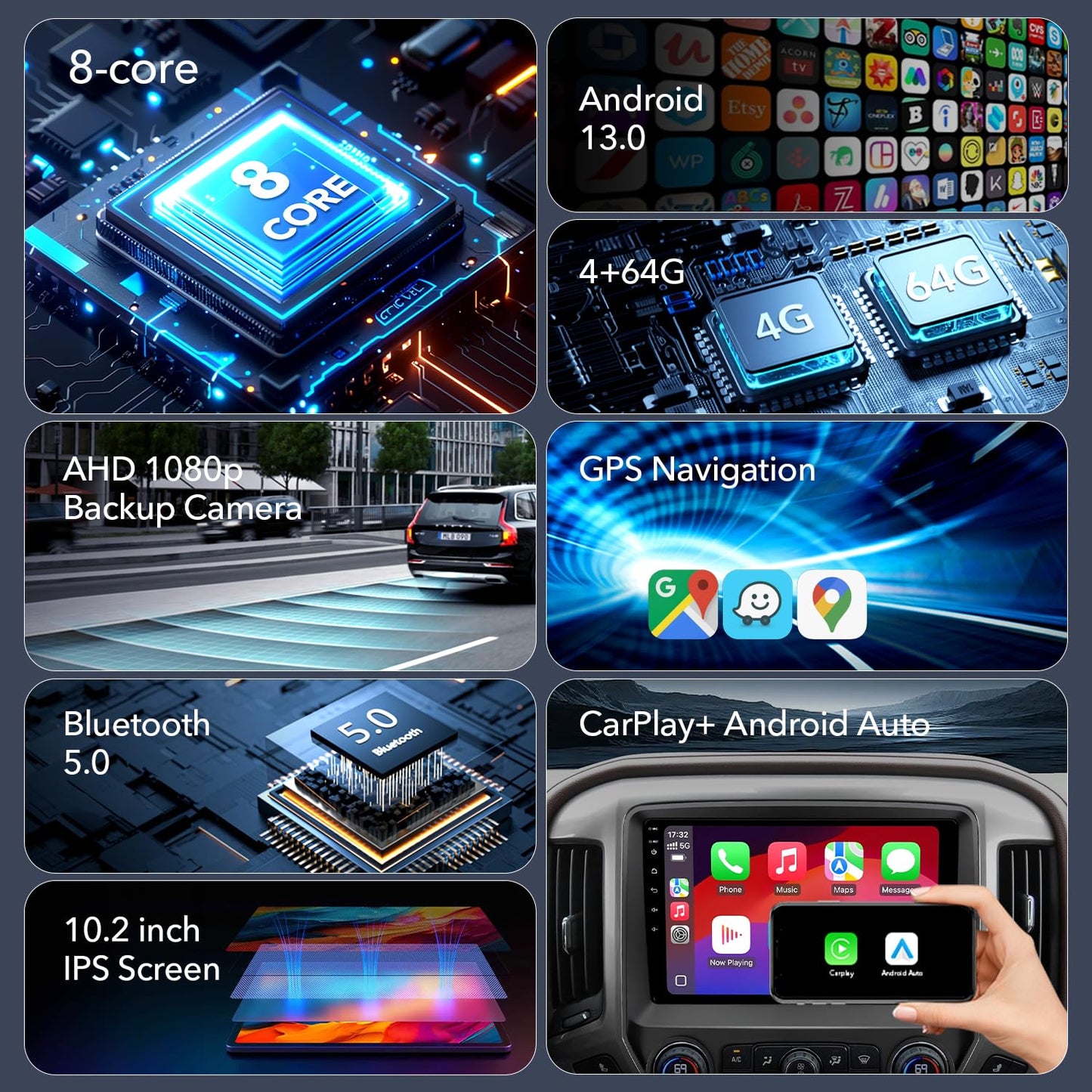 8Core 4+64GB Android 13 Car Radio Stereo for Jeep Wrangler JK Compass Grand Cherokee Dodge Ram, 10.2" QLED HD Touch Screen Head Unit with Carplay/Android Auto/5GHz WiFi/DSP/1080P Backup Camera/AM & FM