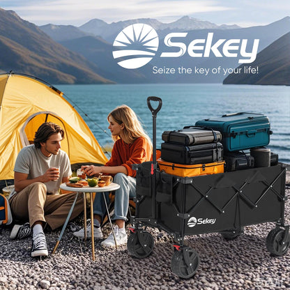 Sekey 220L Wagons Carts Foldable with Big All-Terrian Beach Wheels, Collapsible Heavy DutyWagon with Cup Holders, Extra Large Folding Wagon,Foldable Wagon for Camping, Garden, Sports. Black
