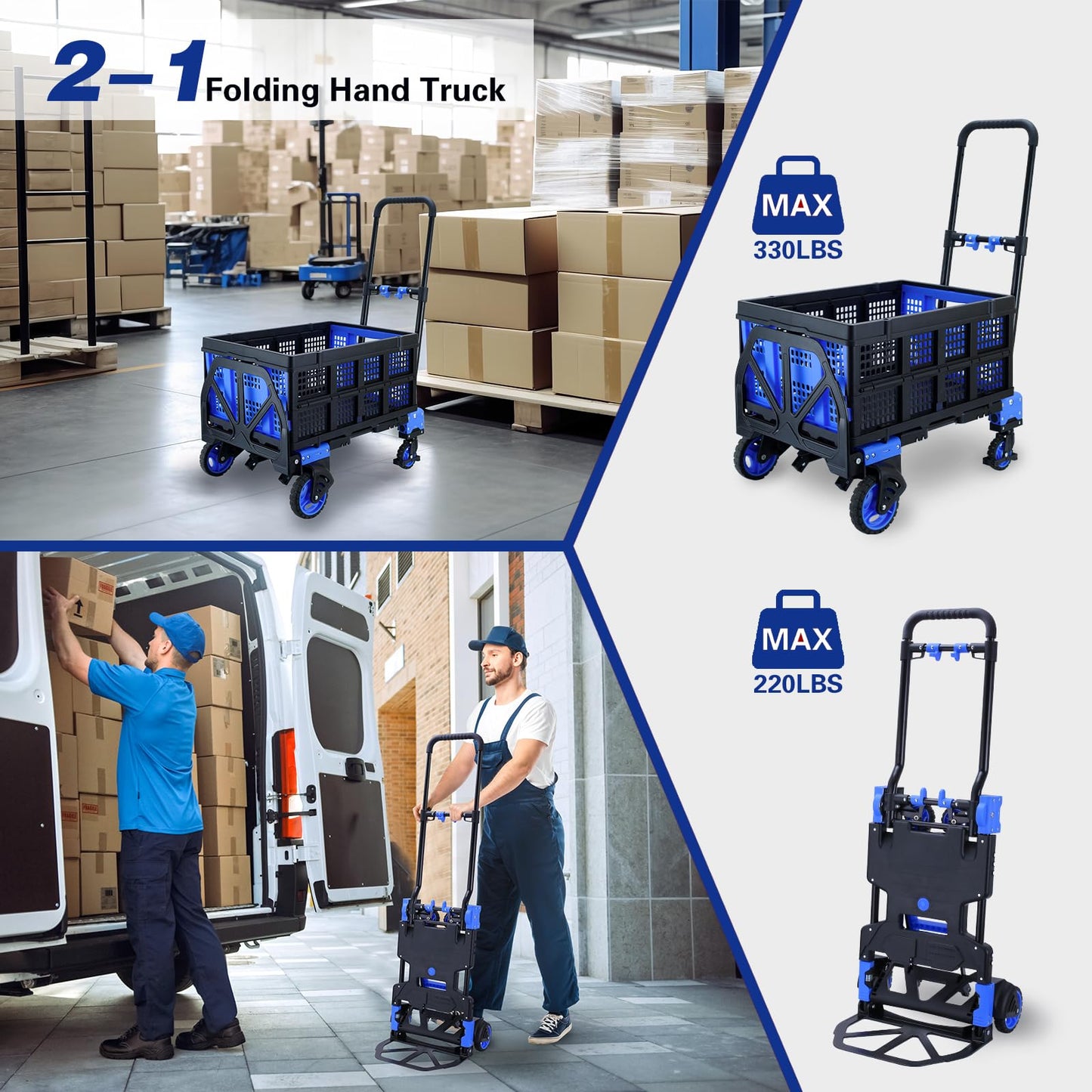 2 in 1 Hand Truck Dolly Foldable with Basket,Hand Truck Foldable with Retractable Handle,330LBS Capacity Folding Hand Cart,Portable Dolly Cart with Wheels for Moving