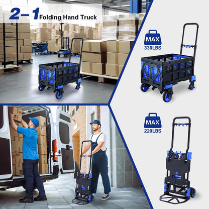2 in 1 Hand Truck Dolly Foldable with Basket,Hand Truck Foldable with Retractable Handle,330LBS Capacity Folding Hand Cart,Portable Dolly Cart with Wheels for Moving