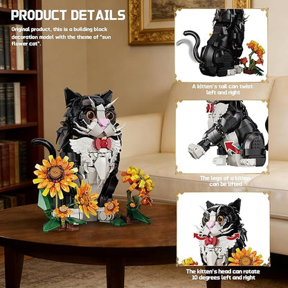 Tuxedo Cat Building Set with Sunflowers for Adults Ages 14+ Compatible with Lego Animal Kit for Home Living Room or Bedroom Decor Black - 1434PCS