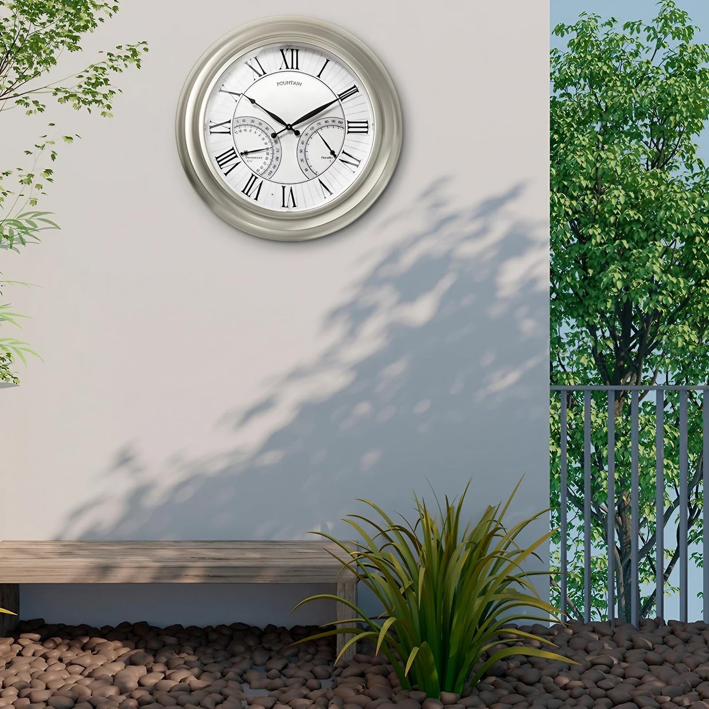 FOUNTAIN DESIGNS 24 Inch Outdoor Clocks Waterproof, Self-Illuminated Large Outdoor Clock with Thermometer and Hygrometer Combo for Patio,Pool and Garden Decor,Roman Numeral,Morning Silver