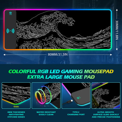 ToLuLu RGB Gaming Wireless Charging Mouse Pad, 5/7.5/10/15W 10 Light Modes LED Mouse Pad Computer Keyboard Mat Mousepad, 800x300x4MM Extended Large Desk Mat for Gaming, MacBook, Laptop, PC, Galaxy