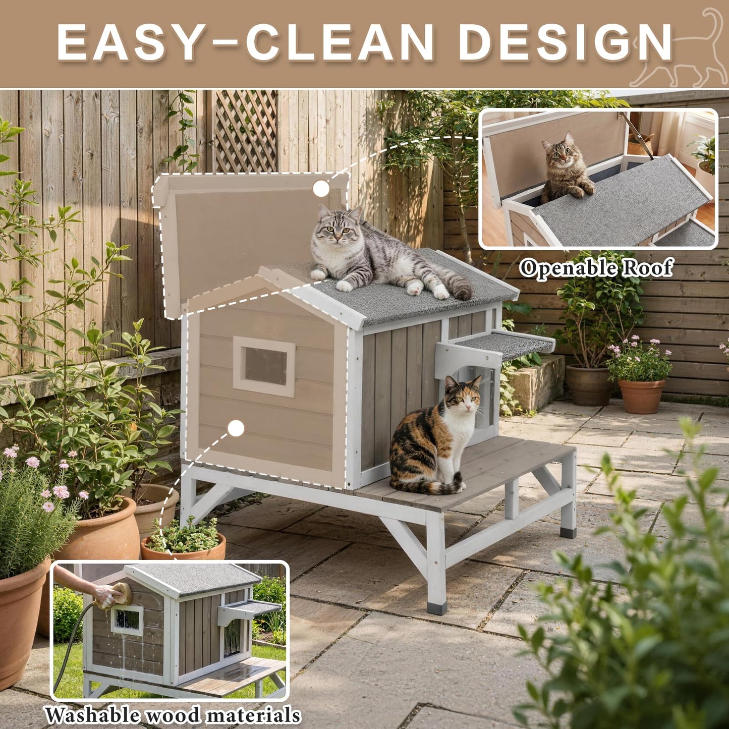 Pawbuilt Outdoor Cat House – Weatherproof Wooden Shelter with Elevated Base, Balcony & Openable Roof, 2-Story Cozy Condo with Built-in Cat Scratch Mat for Small, Feral, or Community Cats