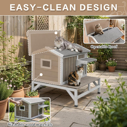 Pawbuilt Outdoor Cat House – Weatherproof Wooden Shelter with Elevated Base, Balcony & Openable Roof, 2-Story Cozy Condo with Built-in Cat Scratch Mat for Small, Feral, or Community Cats