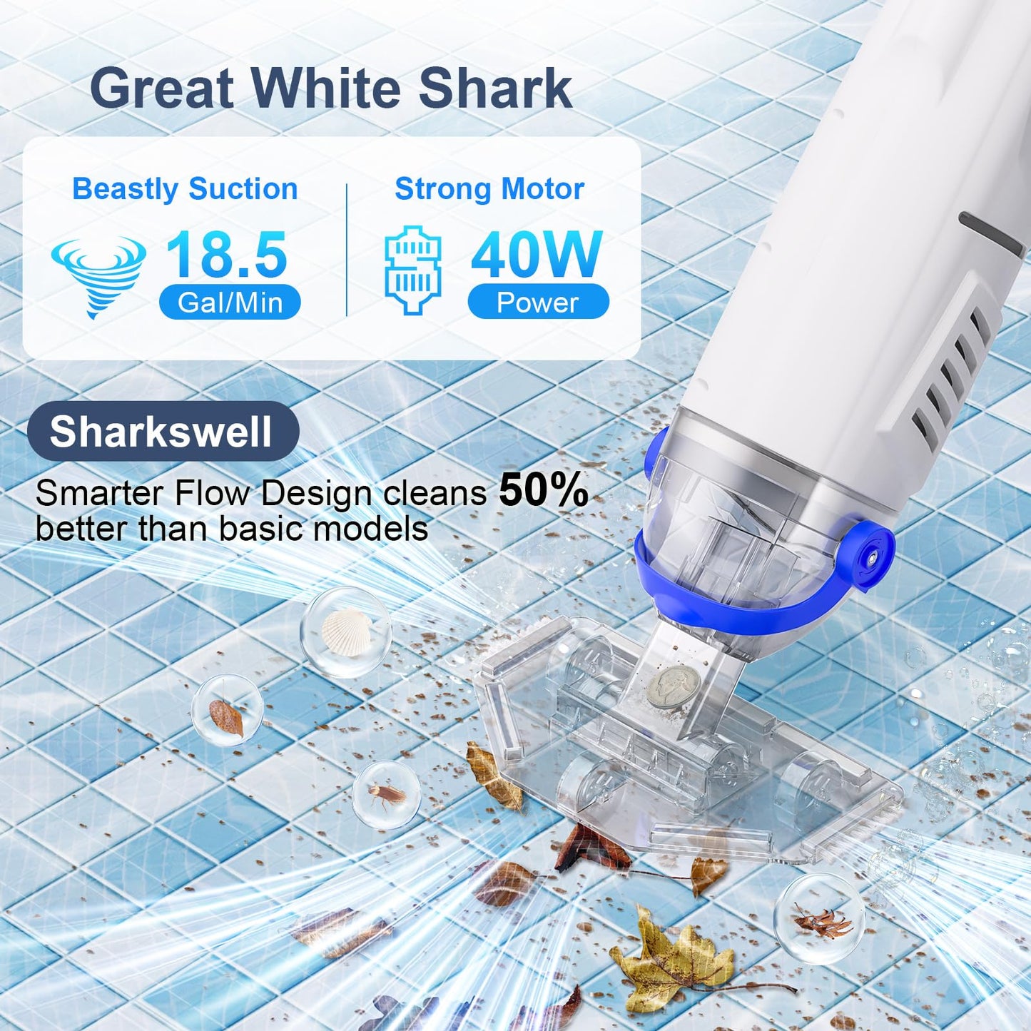 Sharkswell Upgraded Cordless Pool Vacuum with Telescopic Pole, 60 Min Powerful Suction & Transparent Head, Rechargeable Handheld Cleaner for Above Ground Pools, Inground Pools, Hot Tubs and Spa