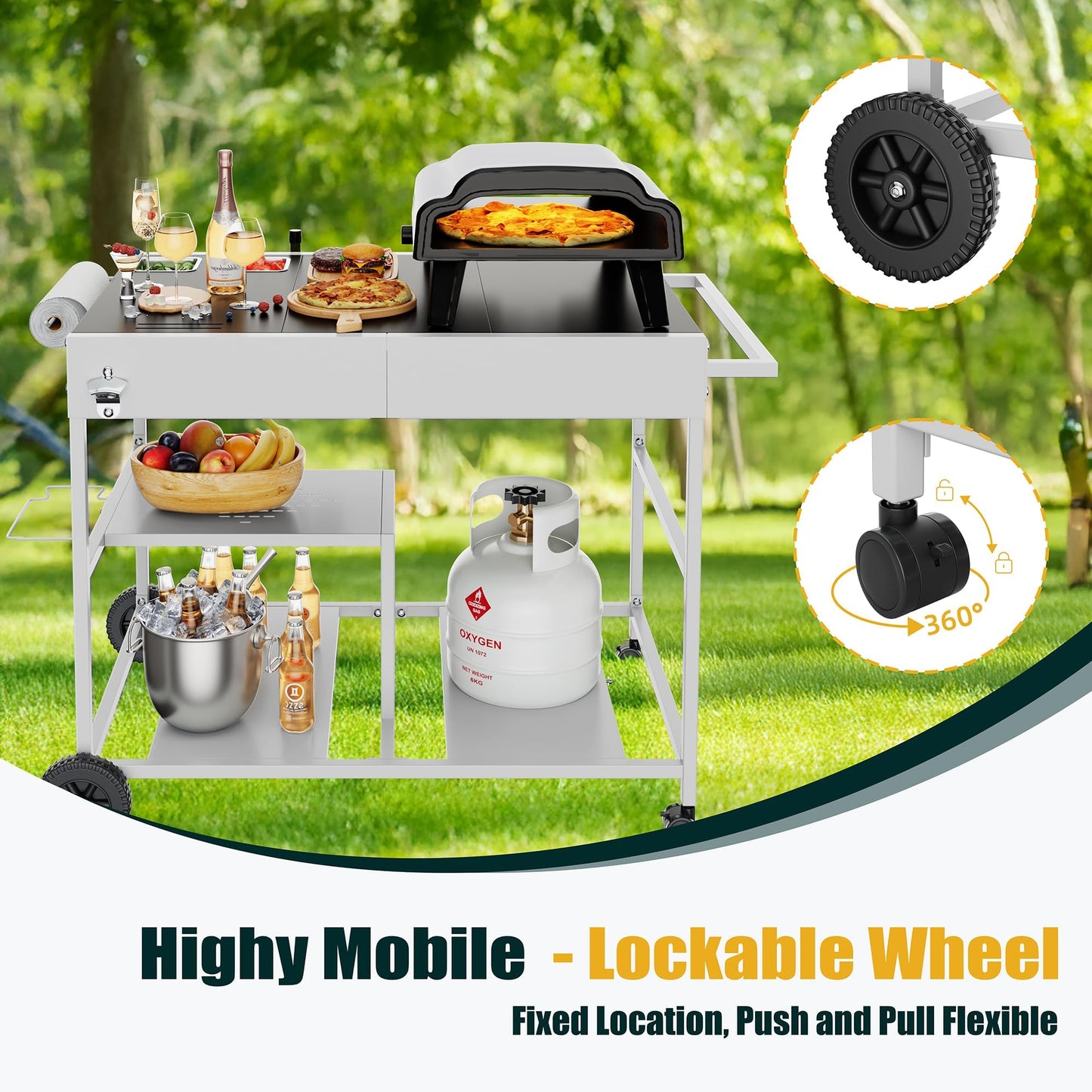 Shintenchi Pizza Oven Cart Table with Topping Station and Wheels, Outdoor Tabletop Grill Table Stand, Movable Food Prep Workcart Fits for Ninja Blackstone Woodfire Grill