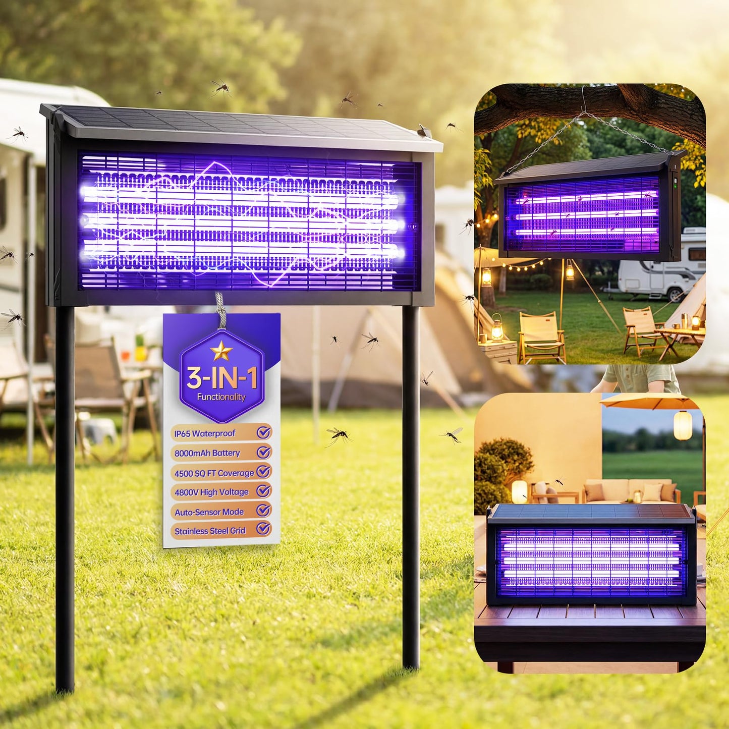 4500V Solar Bug Zapper Outdoor, Mosquito Zapper with Extension Cord, Waterproof Electric Fly Zapper Indoor/Outdoor for Patio, Yard, Home, Garden, Camping