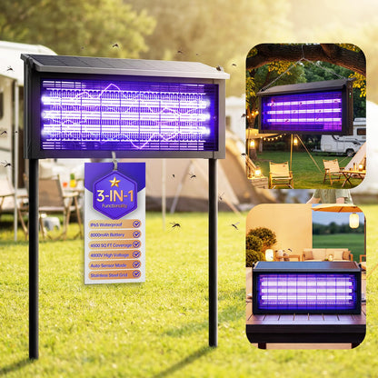 4500V Solar Bug Zapper Outdoor, Mosquito Zapper with Extension Cord, Waterproof Electric Fly Zapper Indoor/Outdoor for Patio, Yard, Home, Garden, Camping