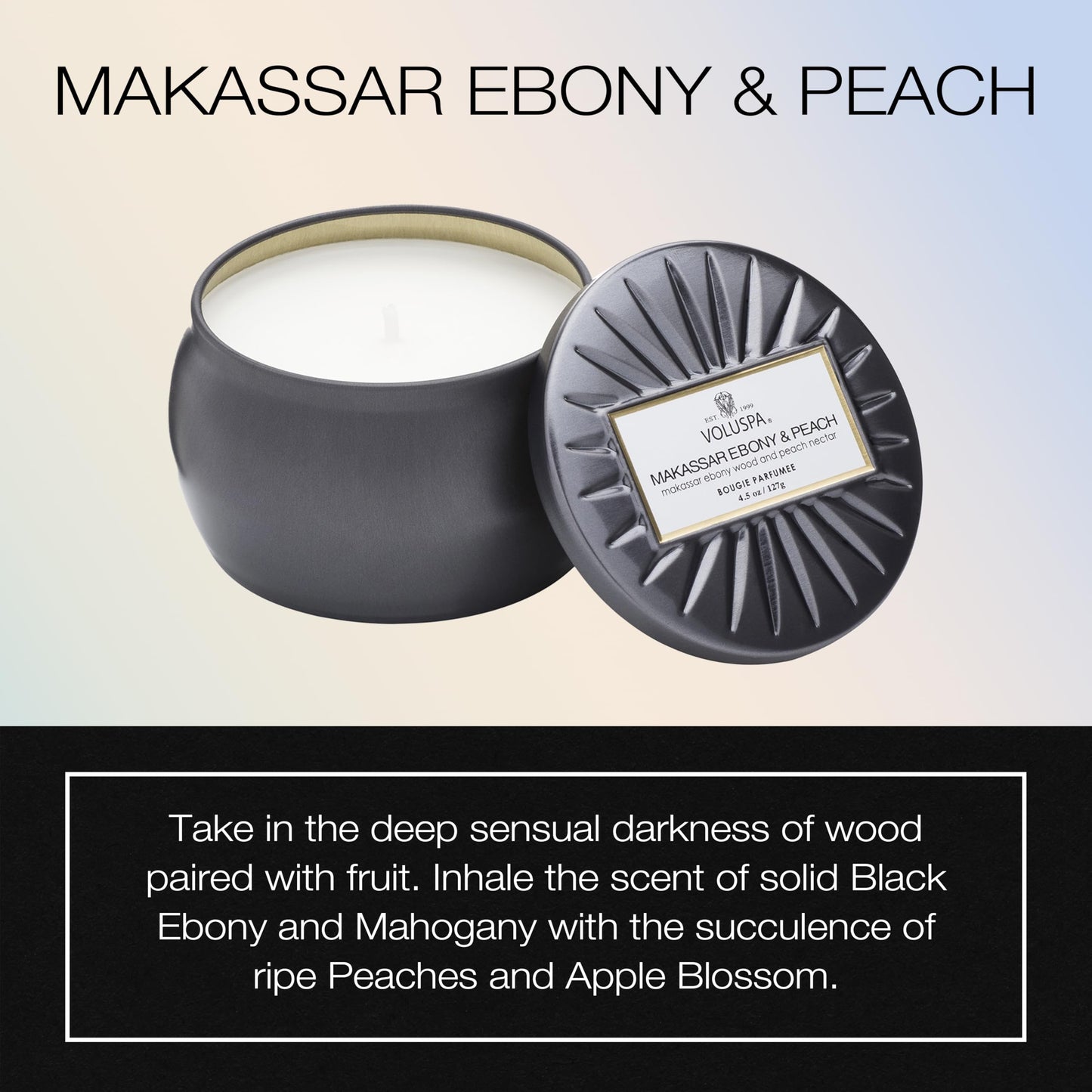 Voluspa Makassar Ebony & Peach, Mini Tin Candle, 4 oz, 25 Hour Burn Time, Coconut Wax for Clean Burning, Handcrafted in the USA