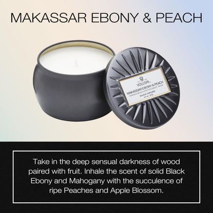 Voluspa Makassar Ebony & Peach, Mini Tin Candle, 4 oz, 25 Hour Burn Time, Coconut Wax for Clean Burning, Handcrafted in the USA