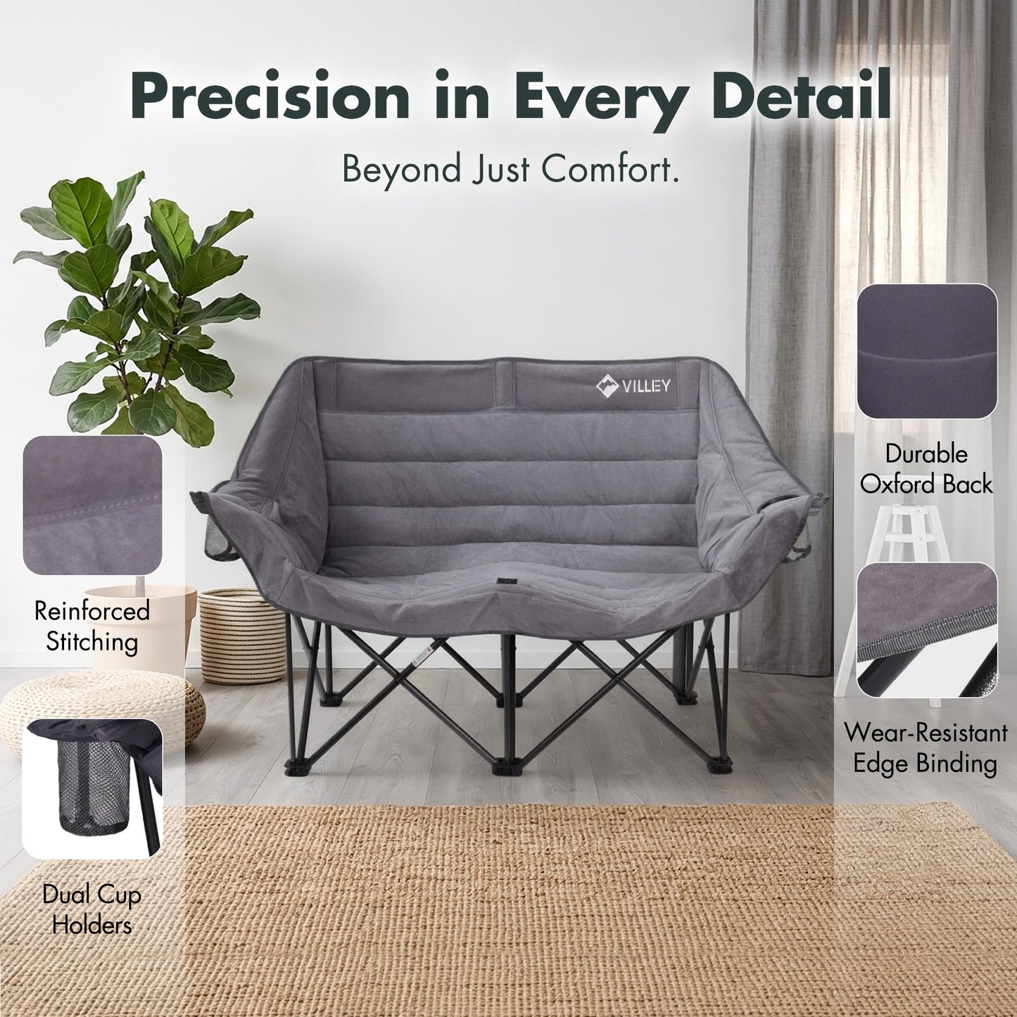 VILLEY Oversized Double Camping Chair, Heavy-Duty Folding Loveseat Camp Chair with Cup Holders, 2 Person Outdoor Chair Supports up to 900 lbs for Camping, Beach, Lawn & Sports, Grey