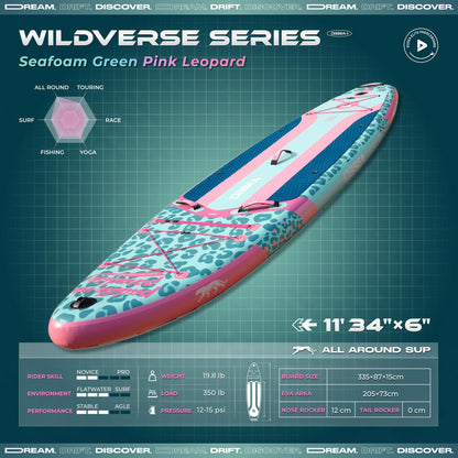 D3SEA 11 ft Inflatable Paddle Board with SUP Accessories, Extra Long Non Slip EVA Deck, Extra Wide iSUP, All Around Paddleboard for Adults &Youth (Seafoam Green Pink Leopard, 11' × 34" × 6")